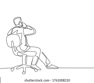 Single continuous line drawing of young businessman sitting on work chair while receive a call from his partner from back view. Business talk concept. One line draw design vector illustration graphic