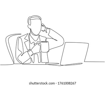 Single continuous line drawing of young happy manager sitting at his work desk and calling his partner with smartphone. Business conversation concept. One line draw graphic design vector illustration