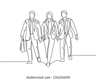 Single continuous line drawing of young businessman and businesswoman walking and talking together to the office. Urban commuter workers concept one line draw design graphic vector illustration