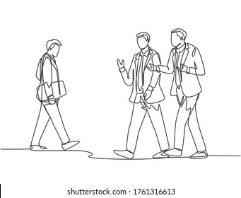 Single continuous line drawing of young happy business men talking to his colleagues when walking approaching the office. Business conversation concept. One line draw design vector illustration