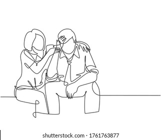 Single continuous line drawing of young female worker hugging and cheering her sad and despair office friend. Work partner support concept. Trendy one line draw design vector graphic illustration