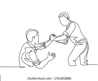 Single continuous line drawing of young happy businessman help to pull out his colleague from failure and rising again. Trendy teamwork support concept one line draw design vector graphic illustration