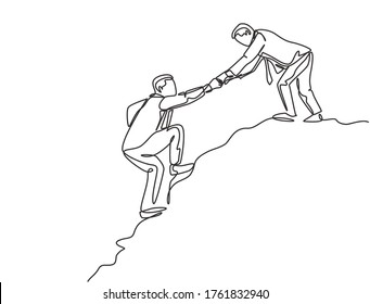 Single continuous line drawing of young male energetic businessman holding hands his partner to help climbing the hill. Trendy teamwork support concept one line draw graphic design vector illustration