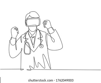 Single continuous line drawing of young happy male doctor celebrates his victory finishing all stages at simulation games. Virtual reality game player concept one line draw design vector illustration