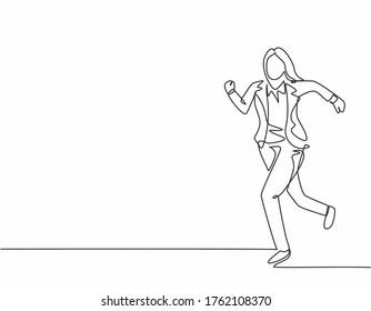 Single continuous single line drawing of young woman urban commuter worker running in rush at city road to get to the office on time. Employee in hurry concept one line draw design vector illustration