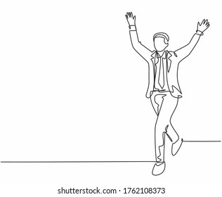 Single continuous single line drawing of young happy male manager running and open his hands after cross the finish line. Business race competition concept one line draw design vector illustration