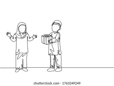 Single continuous line drawing of young muslim boy giving a present gift to sister. Eid Mubarak greeting card, banner, and poster concept. Trendy one line draw design illustration background