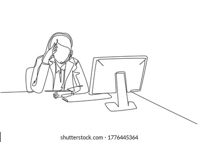 Single continuous line drawing of young confused female customer service worker answering phone call from customers all the day. Helpdesk center care concept one line draw design vector illustration