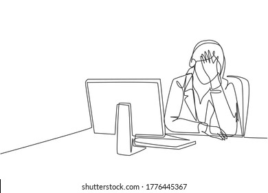 Single continuous line drawing of young bored and tired female call center worker answering complain from a lot of customers. Helpdesk center care concept one line draw design vector illustration