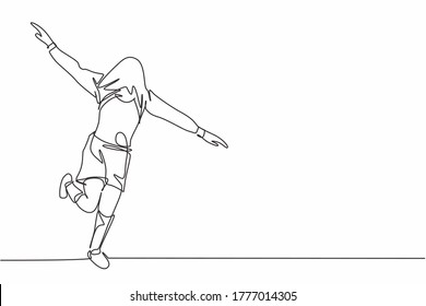 Single Continuous Line Drawing Of Young Sporty Soccer Player Cover His Head With The Jersey And Running Around The Field. Match Soccer Goal Celebration Concept One Line Draw Design Vector Illustration