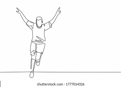 Single continuous line drawing of young sporty soccer player running around the field while spreading his arms on field. Match soccer goal celebration concept one line draw design vector illustration