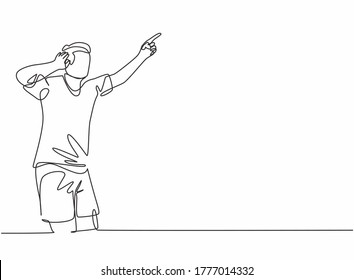 Single continuous line drawing of young sporty football player holding his ears with hands on field after scoring goal. Match soccer goal celebration concept one line draw design vector illustration