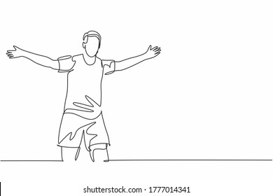 Single continuous line drawing of young sporty football player running around the stadium and spreading his arm on field. Match soccer goal celebration concept one line draw design vector illustration