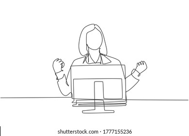 Single continuous line drawing of young happy female worker celebrating her promotion on work desk in front of computer monitor. Business celebration concept one line draw design vector illustration