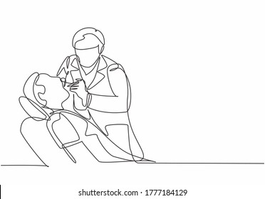 Single continuous line drawing of young male dentist examining patient teeth condition and doing tooth filling. Medical health care service workers concept one line draw design vector illustration