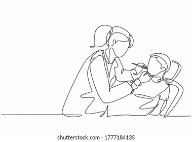 Single continuous line drawing of young happy female dentist examining boy patient condition at dental clinic. Medical health care service workers concept one line draw design vector illustration