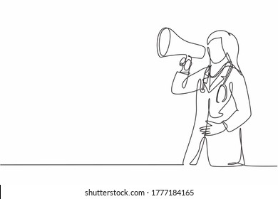 Single continuous line drawing of young female doctor announced important information to the patient using loudspeaker megaphone. Medical health worker concept one line draw design vector illustration