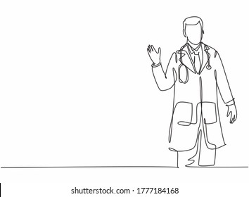 Dibujo de una sola línea continua de joven feliz médico masculino dando un cálido gesto de bienvenida a los pacientes. Concepto de los trabajadores del servicio de atención de la salud: diseño de una línea, ilustración vectorial