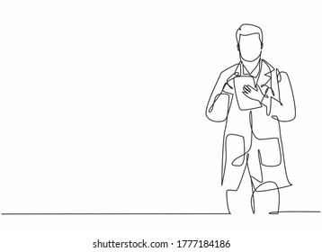 Single Continuous Line Drawing Of Young Male Doctor Thinking Right Medicine To The Patient While Holding Tablet. Medical Health Care Service Workers Concept One Line Draw Design Vector Illustration