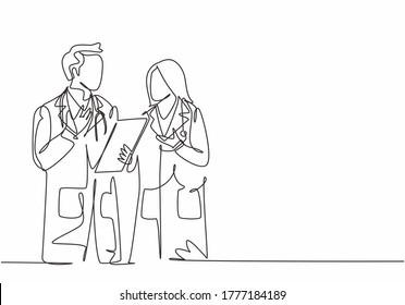 Single continuous line drawing of young male and female doctors talking and discussing patient medical record. Medical health workers service concept one line draw design graphic vector illustration