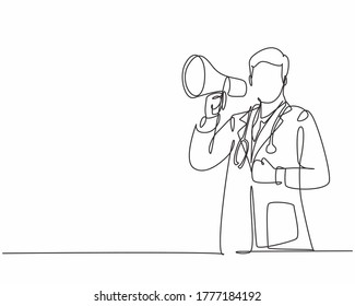 Single continuous line drawing of young male doctor pointing finger to something and holding megaphone loudspeaker at hospital. Medical health workers concept one line draw design vector illustration