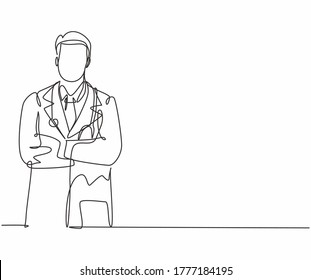 Single continuous line drawing young happy male doctor pose standing manly cross his hand chest  Medical health care service workers concept one line draw design vector graphic illustration