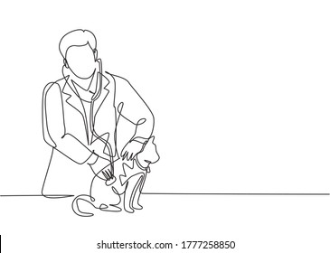 Single continuous line drawing of young male veterinarian examining and take care of a sick cat because of a bacteria. Pet health care service concept one line draw design vector illustration