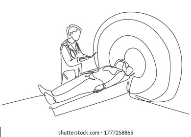 Single continuous line drawing young male doctor do MRI procedure to the patient who suffered stroke brain damage  Medical treatment service concept one line draw design vector illustration