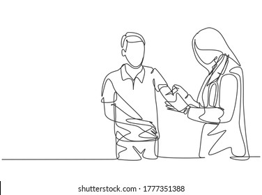 Single continuous line drawing of young female doctor giving vaccine injection to cure sick male patient at hospital. Medical health care treatment concept one line draw design vector illustration