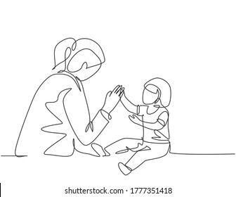 Single continuous line drawing of young female pediatric doctor invited cute baby toddler patient to play and follow her instruction. Medical treatment concept one line draw design vector illustration