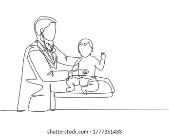 Einmalige, durchgehende Zeichnung eines jungen männlichen Kindes, der den Herzschlag eines süßen Kleinkindes mit Stethoskop untersucht. Konzept der medizinischen Gesundheitsversorgung: eine Linie zeichnen, Vektorgrafik