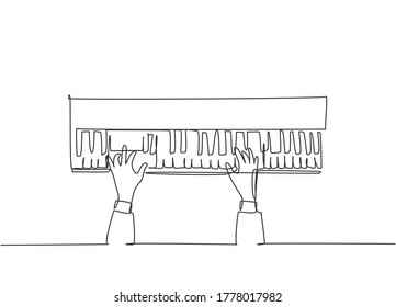 Single continuous line drawing of young happy pianist playing keyboard of grand piano on music concert orchestra, top view. Musician artist performance concept one line draw design vector illustration