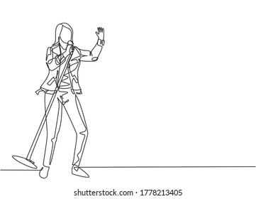 Dibujo de una sola línea contínua de una joven cantante de rock feliz cantando en el escenario de un concierto. Concepto de performance de músicos modernos de diseño de un dibujo de una línea ilustración vectorial
