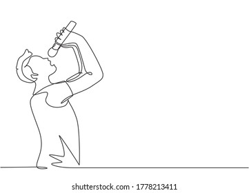 Single continuous line drawing of young happy male rocker singer holding microphone and singing on music festival stage. Musician artist performance concept one line draw design vector illustration