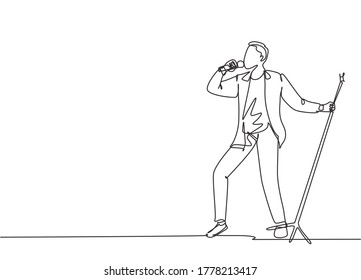 Single Continuous Line Drawing Of Young Happy Male Pop Singer Holding Microphone And Singing On Music Festival Stage. Musician Artist Performance Concept One Line Draw Design Vector Illustration