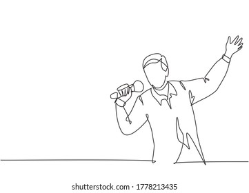 Single continuous line drawing of young happy male pop singer holding microphone and singing on concert stage. Musician artist performance concept one line draw design vector illustration