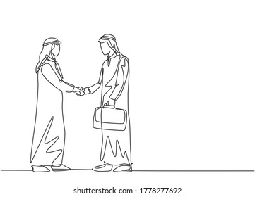 Single continuous line drawing of young muslim business man shake hand his business colleague. Arab middle east businessmen with kandura, thawb, robe cloth. One line draw design vector illustration