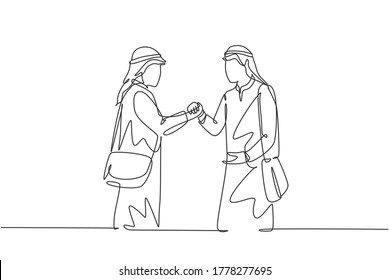Single continuous line drawing of young muslim hook their hands together to celebrate success. Arab middle east businessmen with kandura, thawb, robe cloth. One line draw design vector illustration