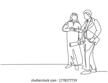 Single continuous line drawing of young muslim businessman handshake with business partner. Arab middle east businessmen with shmagh, kandura, robe cloth. One line draw design vector illustration