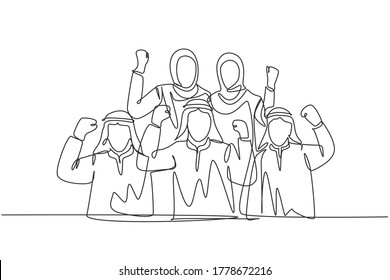 Single continuous line drawing of young muslim sales team celebrate their solid teamwork. Arab middle east businessmen with shmagh, kandura, thawb, robe cloth. One line draw design vector illustration