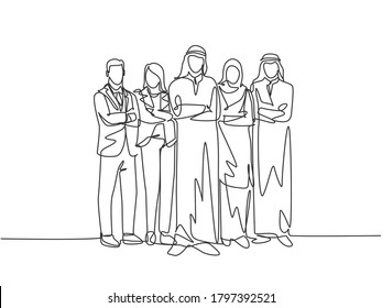 Single continuous line drawing of young male and female muslim staff employees line up together at the office. Arab middle east cloth shmagh, thawb, hijab. One line draw design vector illustration