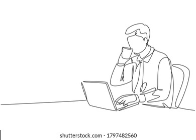 Single continuous line drawing of young happy manager checking report from team member while he enjoy to drink a cup of coffee at office. Drinking tea concept one line draw design vector illustration