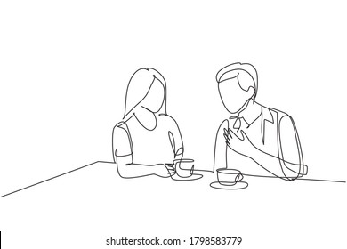 Single continuous line drawing of young happy male and female couple doing romantic date and dinner together at coffee shop. Marriage life concept. One line draw design vector graphic illustration