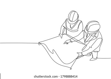 Single continuous line drawing of young company manager do quality control to sketch draft blueprint design. Building architecture business concept. One line draw vector graphic design illustration