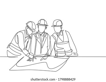 Single continuous line drawing of young sketch draft designer meeting with architect discussing construction design. Building architecture business concept. One line draw design illustration