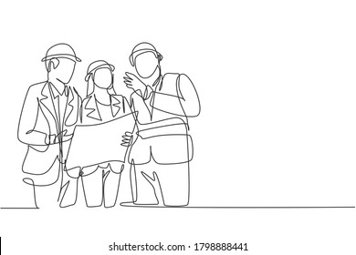 Single continuous line drawing of young architect discussing construction design with foreman manager. Building architecture business concept. One line draw design vector graphic illustration