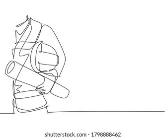 Single continuous line drawing of young architect holding helmet and blueprint roll paper. Building architecture business concept. One line draw design illustration vector graphic