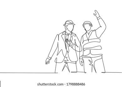 Single continuous line drawing of young architect coordinator explaining construction concept to company manager. Building architecture business concept. One line draw design illustration