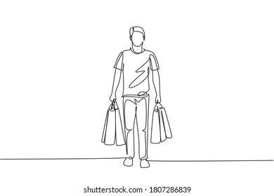 Einzelne durchgehende Linie, die jungen glücklichen Mann zu Fuß und halten Papiertüten nach dem Kauf persönlicher Bedürfnisse im Einkaufszentrum. Business Shopping Konzept. Eine Linie zeichnen, Vektorgrafik-Design-Illustration