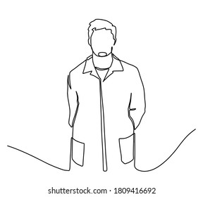 Single continuous line drawing of young happy male doctor pose standing manly. Medical health care service workers concept one line draw design vector graphic illustration.